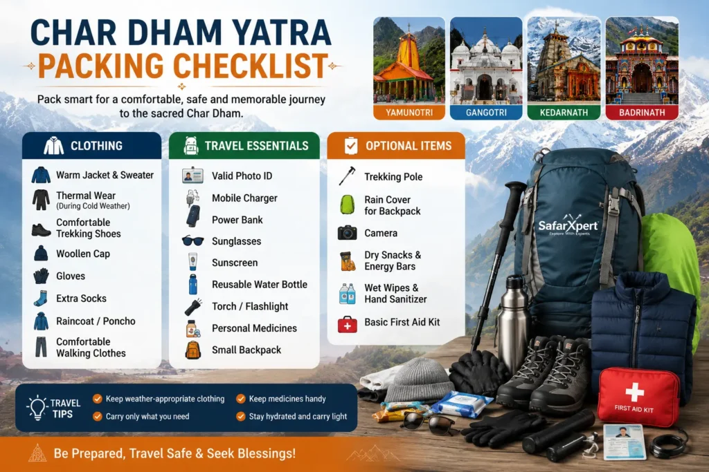 Char Dham Yatra Packing Checklist With Essential Clothing, Travel Documents, Trekking Gear And Personal Items For A Safe And Comfortable Pilgrimage
