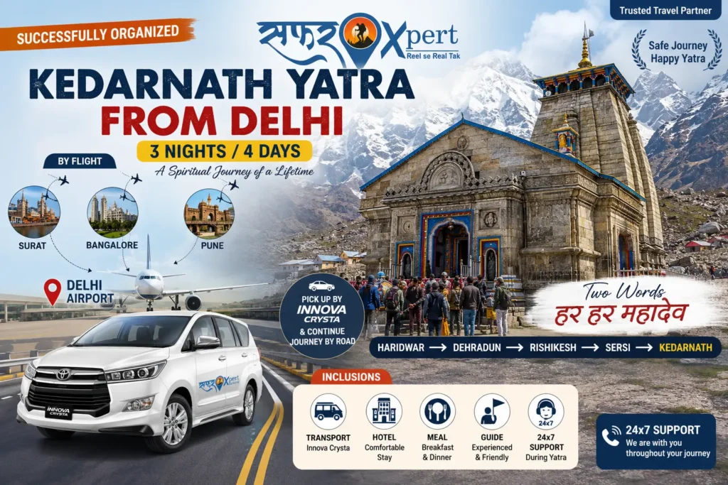 Pilgrims During The Kedarnath Yatra From Delhi With Kedarnath Temple In The Himalayas