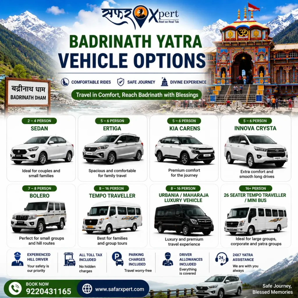 Badrinath Yatra vehicle options with taxi and temple