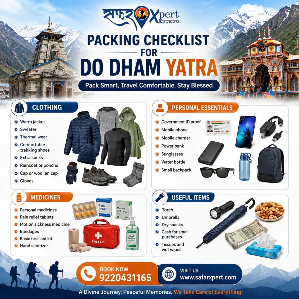 Do Dham Yatra packing checklist for Kedarnath and Badrinath including clothing, medicines and travel essentials