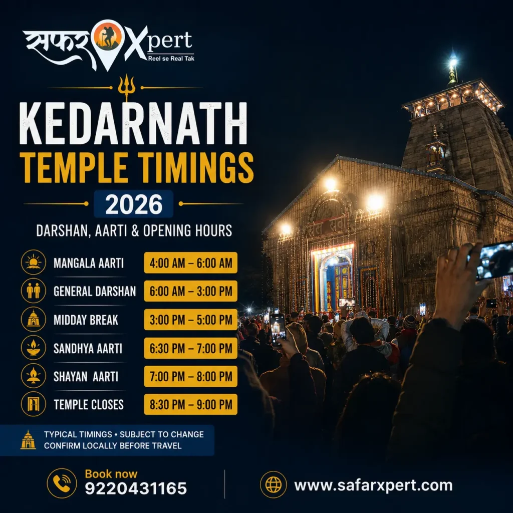 Kedarnath Temple timings 2026 for darshan and aarti