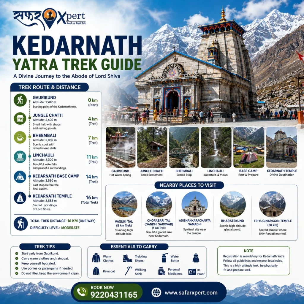 Kedarnath Yatra trek route map showing Gaurikund, Jungle Chatti, Bheembali, Linchauli, Base Camp and Kedarnath Temple.